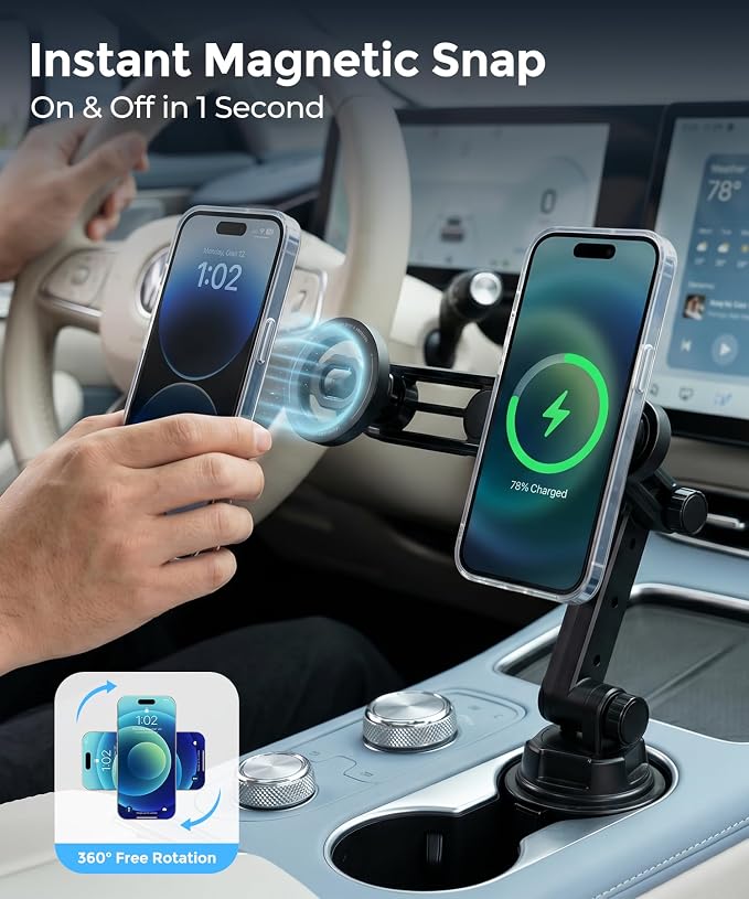 Qi2.2 25W Dual MagSafe Cup Holder Car Charger for iPhone 12–17 series | Qi2.2 25W Dual MagSafe Cup Holder Car Charger, Cooling Fan, RGB Light, Adjustable Base for iPhone 12-17