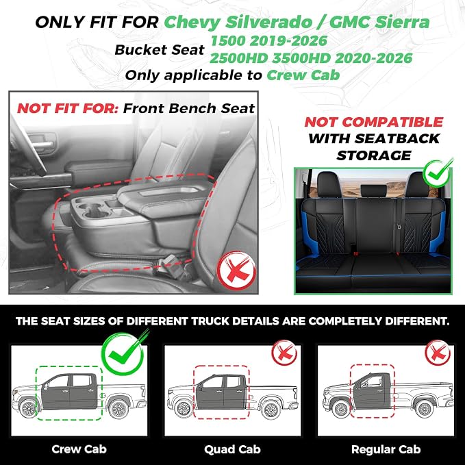 Truck Leather Seat Covers for Chevy Silverado Gmc Sierra 2019-2026 | Crew Cab 1500/2500/3500HD, Bucket Seat, NO Rear Seatback Storage, Scratch-resistant, Easy-clean, Pickup Protector, Full Set