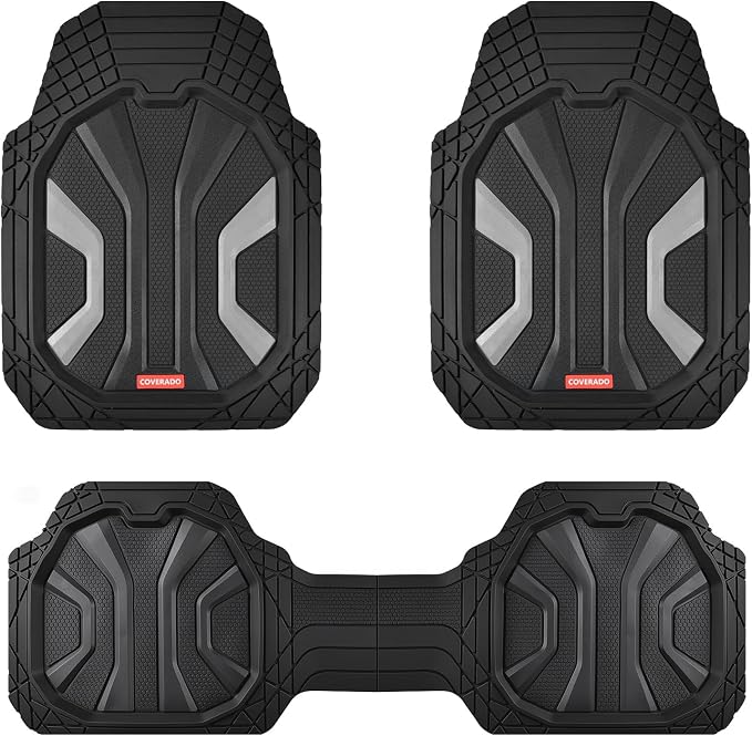 Coverado Car Floor Mats for Trucks, Waterproof All Weather Automotive Floor Mats for Front & Rear, Deep Dish Car Mat with Anti-Slip Backing, Trim to Fit Floor Liners for Cars (3 Pcs, Black&Gray)