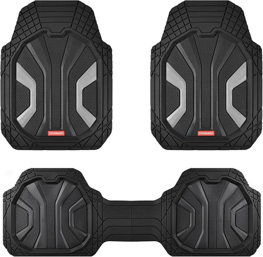 Coverado Car Floor Mats for Trucks, Waterproof All Weather Automotive Floor Mats for Front & Rear, Deep Dish Car Mat with Anti-Slip Backing, Trim to Fit Floor Liners for Cars (3 Pcs, Black&Gray)