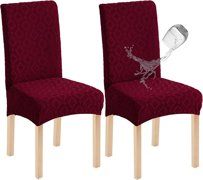 Genina Waterproof Chair Covers for Dining Room Set of 2, Removable Washable Chair Slipcover Protectors, Wine Red