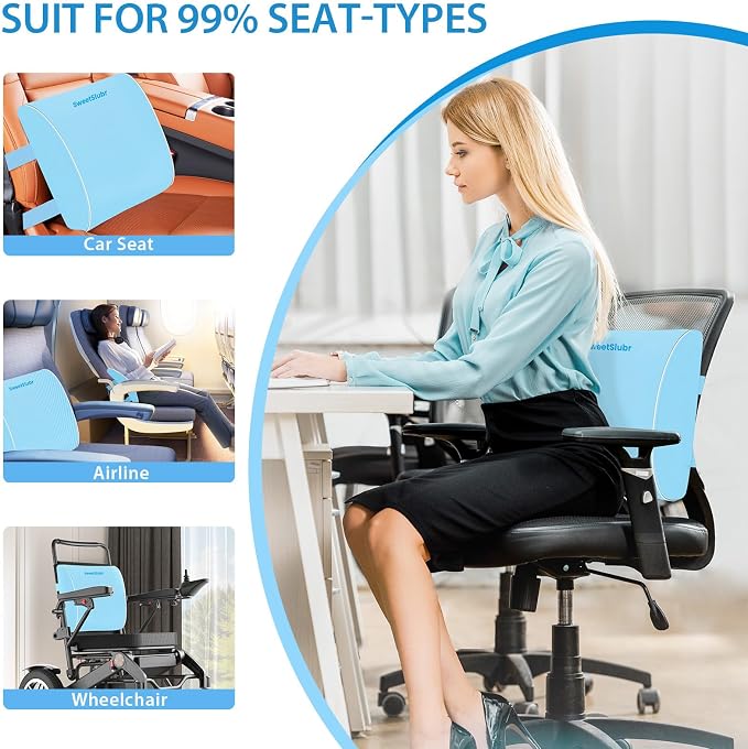 SweetSlubr Lumbar Support Pillow for Office Chair, Car & Gaming Chair, Ergonomic Memory Foam Cushion for Back Comfort, Zoned Back Support, Double Adjustable Straps,Breathable Washable Cover,Light Blue
