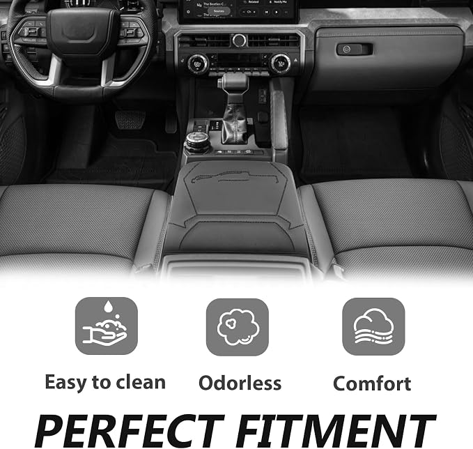 Muslogy Center Console Armrest Cover Fit for 2024 2025 2026 Toyota Tacoma Accessories, Comfort Armrest Pad Console Lid Cushion Protector Vegan Leather Regular Thick(Black/Black Trim)