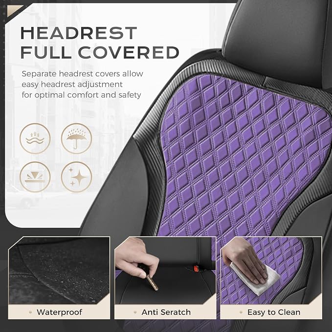 Coverado Front Seat Covers, Luxury Diamond Leather Car Seat Cover with Carbon Fiber Weave, Waterproof Car Seat Cover Driver Seat Cover Spill-Proof Design Universal Fit for Most Cars, BlackPurple