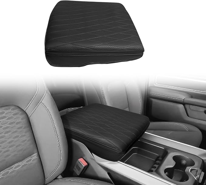Muslogy Center Console Armrest Cover Fit for Ram 1500 2500 3500 2019-2026 Accessories, Comfort Armrest Pad Console Lid Cushion Vegan Leather 1-Inch Extra Thick, Bucket Seat ONLY (V2 Diamond Pattern)