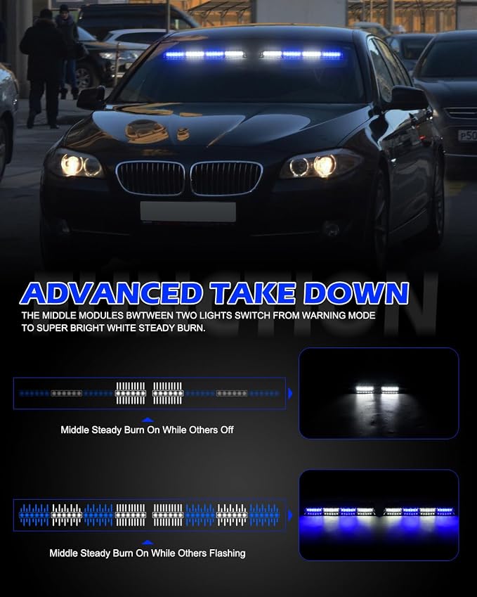 HLauto 604N Emergency Dash Strobe Lights: 2x16.8 inch Blue White Security Light w/Take Down, 48 LED Safety Flashing Warning Hazard Interior Windshield Light Bar for Trucks Vehicles