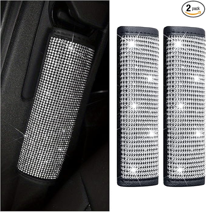GLSOWEE 2PCS Bling Car Seat Belt Shoulder Pads for Women, White Diamond | Bling Rhinestones Seat Belt Covers, Car Seatbelt Strap Pad with Crystal Diamond, Car Interior Accessories for Car SUV