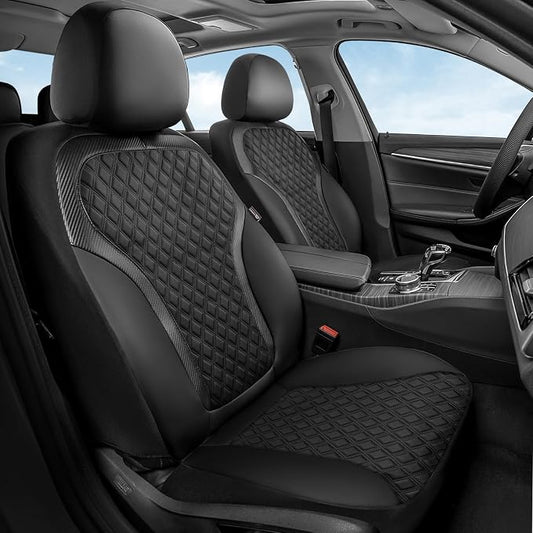 Coverado Front Seat Covers, 2-Pack Luxury Diamond Leather Car Seat Cover with Carbon Fibre Weave, Spill-Proof Driver Car Seat Protectors, Waterproof Seat Covers Universal Fit for Most Cars, Black