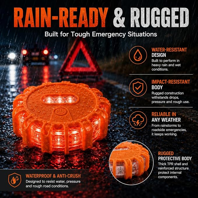 3 Pack LED Road Flares Emergency Lights, Magnetic Roadside Warning Lights with 9 Flash Modes, Hook, Carrying Case, Water Resistant Safety Beacon for Cars, Trucks, RVs, Boats