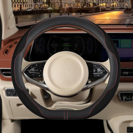 Nappa Leather Black D Shaped Steering Wheel Cover 14 inch | Non-Slip Breathable Ice Silk Fabric, Warm in Winter and Cool in Summer, Small 13.5 inch to 14 inch for Prius Civic