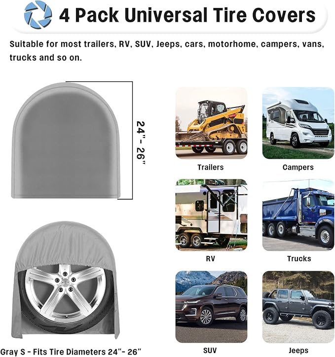 OutdoorLines Waterproof Tire Covers Set of 4 | UV Proof Trailer Wheel Cover for RV Jeep Trailer Camper Van Truck, Universal Tire Covering Fits Diameters 24"-26", Gray