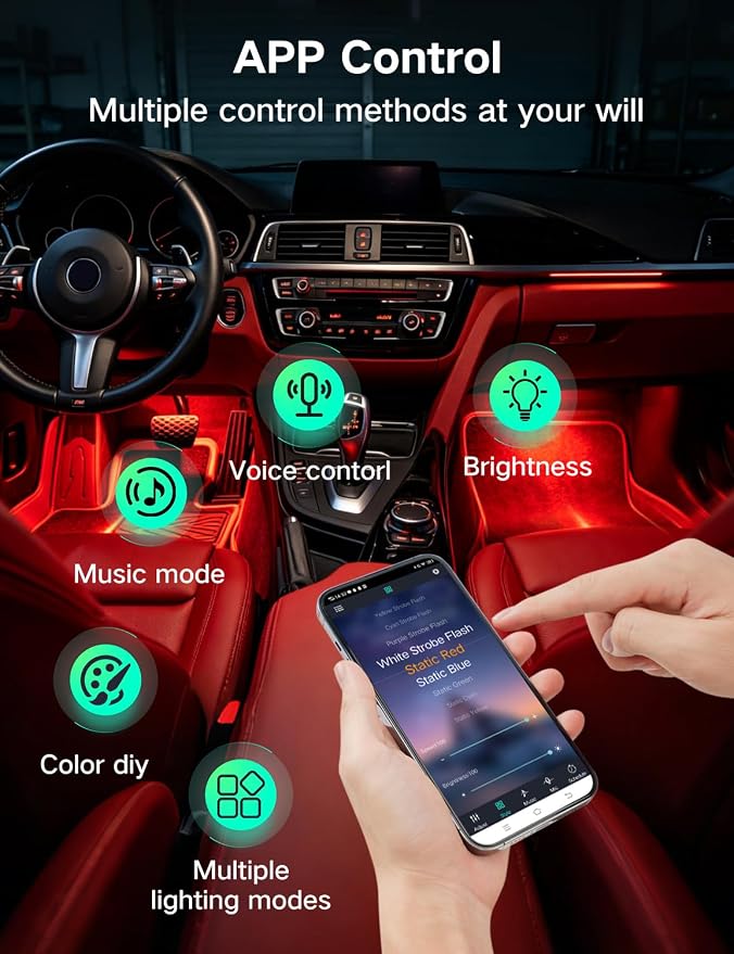YUGUANG 4Pcs Car Interior Lights, USB LED Lights for Car with App Control Multicolor Music Sync DIY Light Mode, RGB Car Inside Ambient Lighting Kit