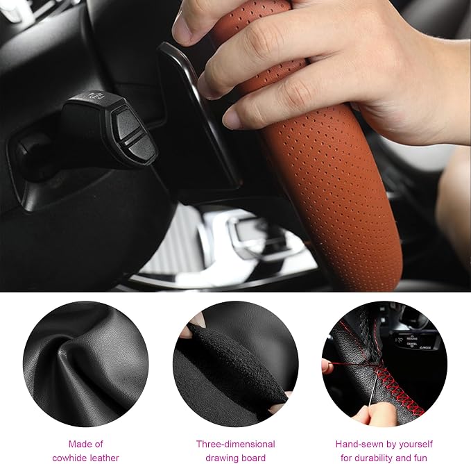 Ziciner Genuine Leather Steering Wheel Cover, Stitch on Wrap, Breathable Anti-Slip Car Steering Wheel Protector for Max Diameter 15 Inch, DIY Sewing with Needles Thread (Brown, Glossy)