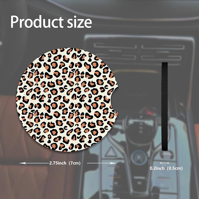 2pcs Leopard Print Car Coasters,Absorbent Universal neoprener Cup Holder Coasters with a Finger Notch,Car Accessories for Women&Man Interior，2.75" 4