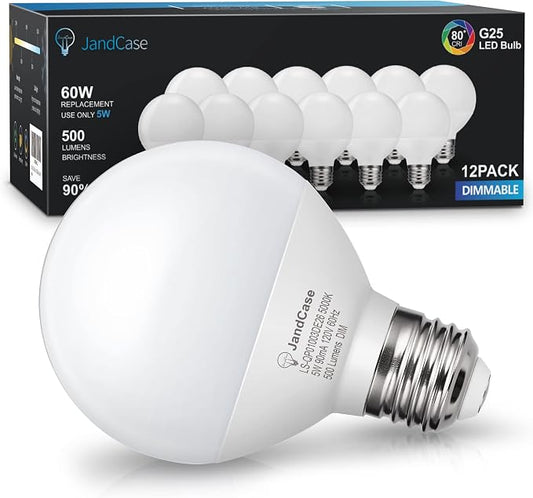 JandCase G25 LED Vanity Light Bulbs,5W Dimmable Globe,60W Equivalent,5000K | E26 Base CRI 80, 500LM Daylight White, UL Listed, Round Light Bulbs for Bathroom Makeup Mirror Dressing Room Bedroom,12 Pack