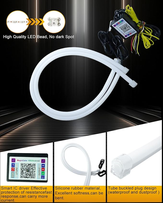Qasim Sequential LED Strips APP Bluetooth Control RGB Multi Color Headlight 24Inch LED Daytime Running Lights Flexible DRL Tube Strip 12V 2-Pack