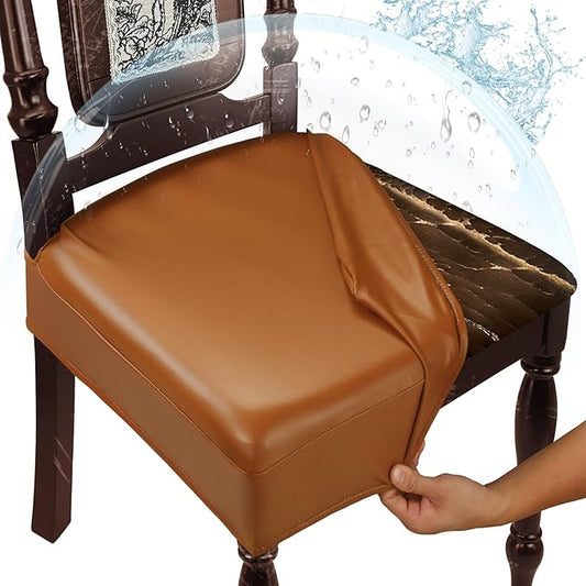 Leather Seat Covers for Dining Room Chairs Set of 8, Waterproof Kitchen Chair Seat Protector Slipcovers Made of 4-Way High Stretch PU Leather and Rear Covers Design (Orange 8 Pcs)