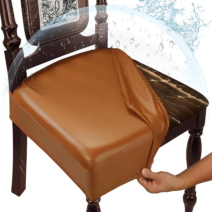 Leather Seat Covers for Dining Room Chairs Set of 6, Waterproof Kitchen Chair Seat Protector Slipcovers Made of 4-Way High Stretch PU Leather and Rear Covers Design (Orange 6 Pcs)
