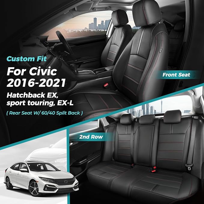 Seat Covers for Honda Civic Hatchback LX, EX, EXL, Sport, Touring, 2016-2021, Faux Leather Car Seats Cover Full Set Seatback Waterproof, Black Red line (60/40 Split Seatback)