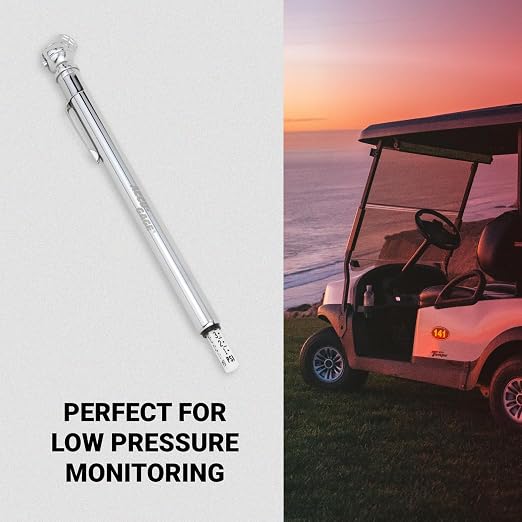 Accu-Gage Pencil Tire Pressure Gauge (2-20 PSI) Heavy Duty Stainless Steel Low Pressure Gauge Single Head Air Chuck wi/Built-in Deflator, 4 Replacement Tire Valve Caps