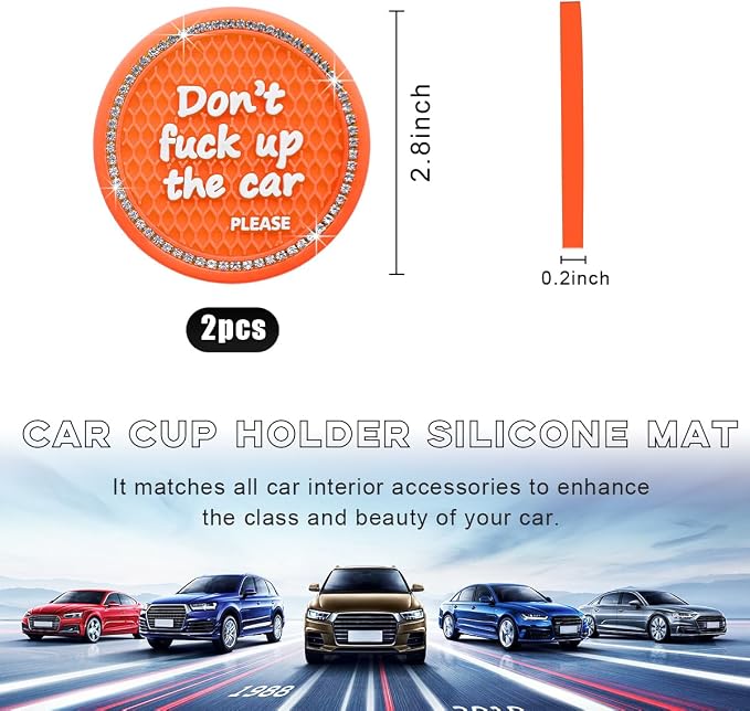 Ohleats Bling Car Cup Coaster, 2.75 Inch Non-Slip Don't Fuck Up My Car Please Cup Holder Insert Coaster, Crystal Rhinestone Auto Drink Cup Mat, Universal Car Accessories (Orange-4PCS)