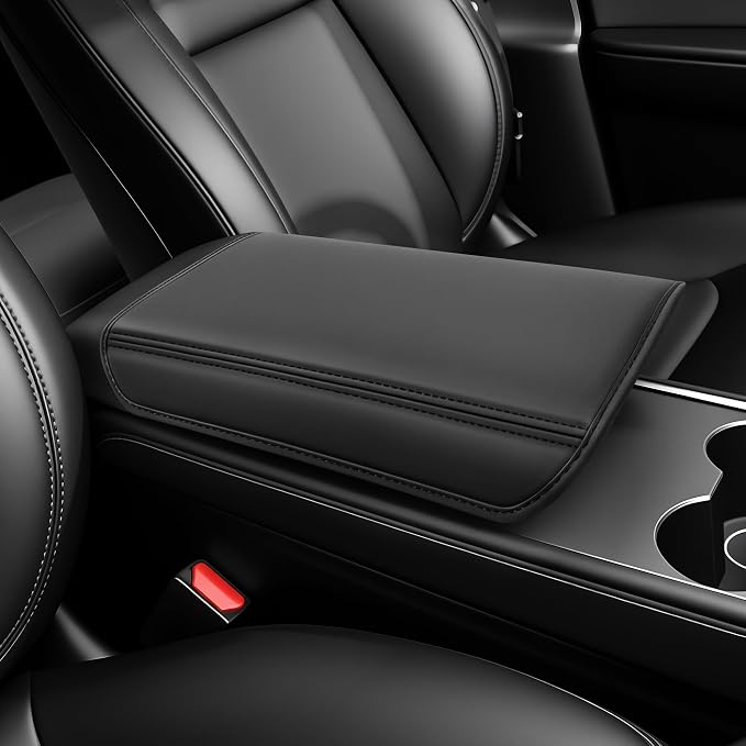 for Tesla Model Y (2020-2024) & Model 3(2021-2023) Leather Center Console Cover [Soft Touch & Match Seat Color] Armrest Cover for Tesla Model 3 & Model Y Accessories Black