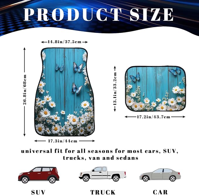 Flower Car Floor Mats Daisy Blue Butterfly Rustic Wooden Carpet Front Rear Carpets Mat Decorative Car Floor Carpets Non-Slip Auto Car Accessories Universal Fit for Car SUV Truck Van