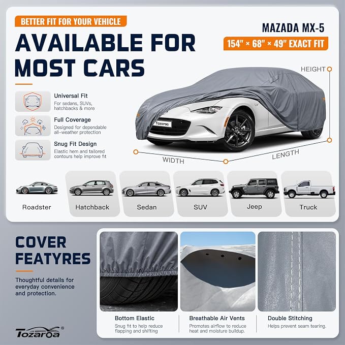 Car Cover Waterproof All-Weather,Outdoor Full Exterior Coupe Covers (Length up to 165 inch) Custom Fit for Mazda Miata MX 5,Honda S2000,BMW Z3,Audi TT,Audi TTS,etc,Size C1(See Size Chart)