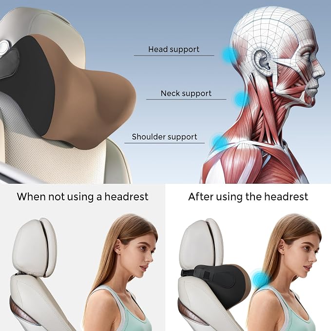 BEBAS Car Headrest Pillow, Memory Foam Neck Support Pillow for Cars - Ergonomically Designed for Long Drives, Travel & Commuting, Pain Relief with Removable & Washable Cover (Brown,1-Pack)