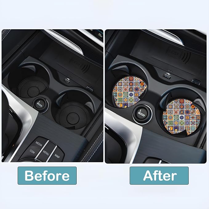 Car Cup Holder Coasters, 2 Pack – 2.75" Universal Auto Anti-Slip Insert Coaster, Rubber Car Coasters, Personalized Car Accessories for Women & Men (Mexican Tiles)