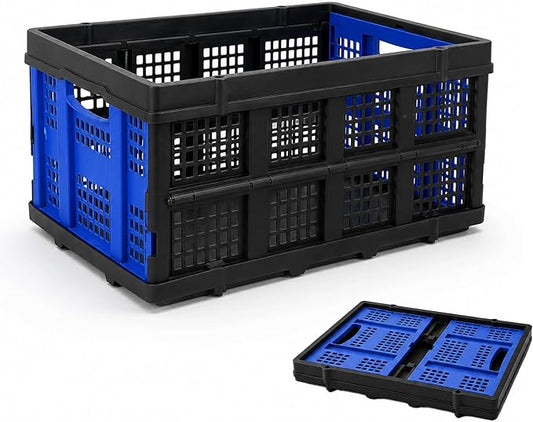 Collapsible Storage Crate, Heavy Duty Foldable Plastic Storage Bin, Stackable Trunk Organizer for Car, Garage, Home & Office, 49L Utility Basket, Blue, 1 Pack