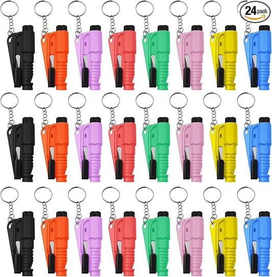 24 Pcs Car Window Breaker Key Chains, 3 in 1 Glass Breaker Seat Belt Cutter Survival Whistle, Portable Safety Emergency Escape Tools, Multifunctional Car Accessories for All Vehicles