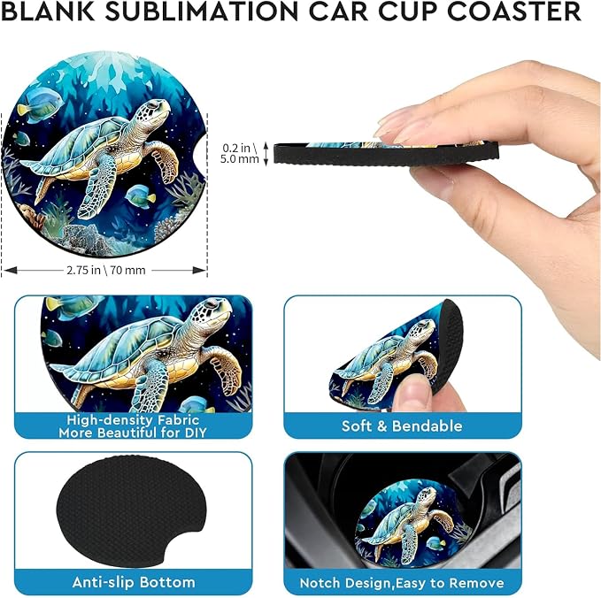 2 Pack Sea Turtle Car Cup Holder Coasters Universal Neoprene Coasters | 2.75" Universal Size Anti Slip Rubber Mat, Auto Cup Holder Accessories for SUV Truck, Sea Turtle Gifts for Women Men Mom