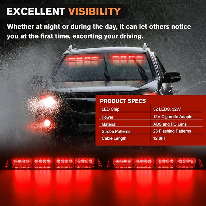 Nilight 32LED Red Emergency Dash Strobe Lights with Controller Suction Cups Warning Hazard Interior Front/Rear Windshield Deck Split Light Bar for Trucks Construction Vehicles