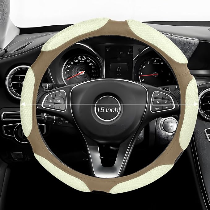 Wuyaoyao Car Steering Wheel Cover, 15 Inch PU Leather Anti-Slip Steering Wheel Covers Protector with Soft Hand Pad Cushion, Breathable & Comfortable, Universal Interior Car Accessories (Beige)