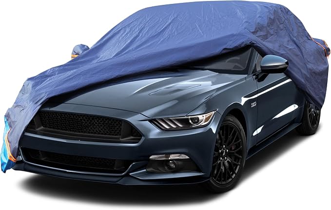 Car Cover Waterproof All Weather, 6 Layers Outdoor Full Exterior Cover Rain Sun UV Snowproof Protection with Zipper Cotton, Mirror Pocket for Ford Mustang