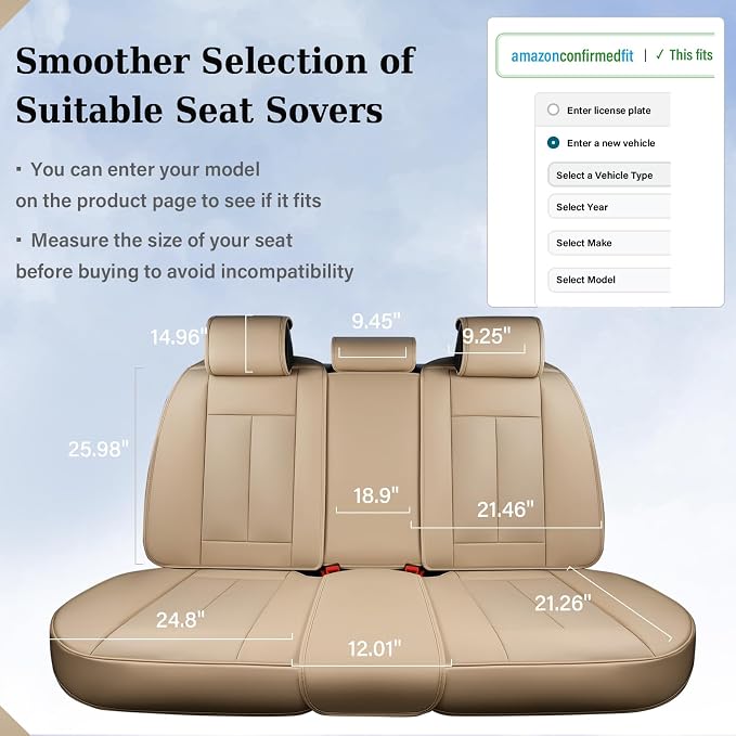 Coverado Backseat Cover for Dogs, Car Seat Protector for Back Seat, Car Seat Covers Beige, Car Seat Cushion Nappa Leather, 3-Pieces Waterproof Seat Covers Carseat Cover Universal Fit for Most Cars