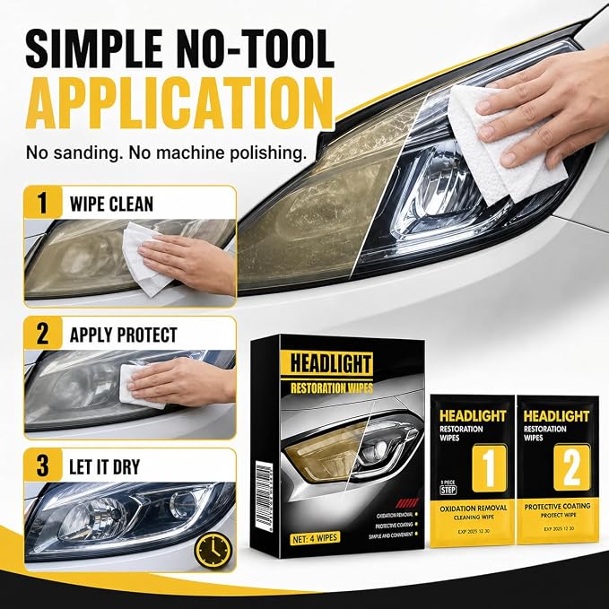 Headlight Restoration Wipes Kit – 2‑Step Headlight Cleaner & Protective Coating – Removes Yellowing & Oxidation, Restores Clarity & Shine – No Tools Needed – Quick DIY Headlight Lens Repair
