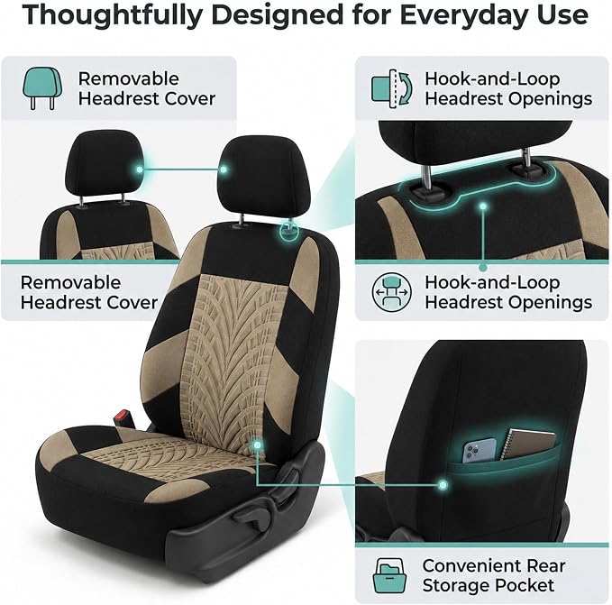 FH Group Front Set Travel Master Car Seat Covers - Covers for Low Back Car Seats with Removable Headrest, Universal Fit, Automotive Seat Cover, Airbag Compatible Car Seat Cover for SUV, Sedan Beige