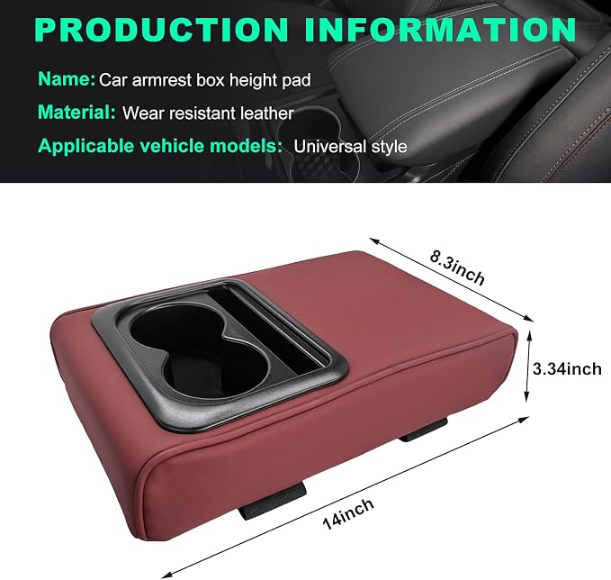 Car Center Console Armrest Pillow, Memory Foam Auto Armrest Box Cover with Cup Holder & Phone Holder, Waterproof Leather Arm Rest Protector Cushion, Interior Car Accessories (Wine Red)