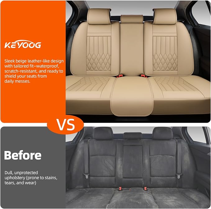 Universal 5-Seater Waterproof Breathable Nappa Leather Car Seat Covers Full Set, Fit for Front Rear Seats, Compatible with Hy-undai Sonata, To-yota Camry, Fo-rd F-150, Fit Most Sedans SUV Beige