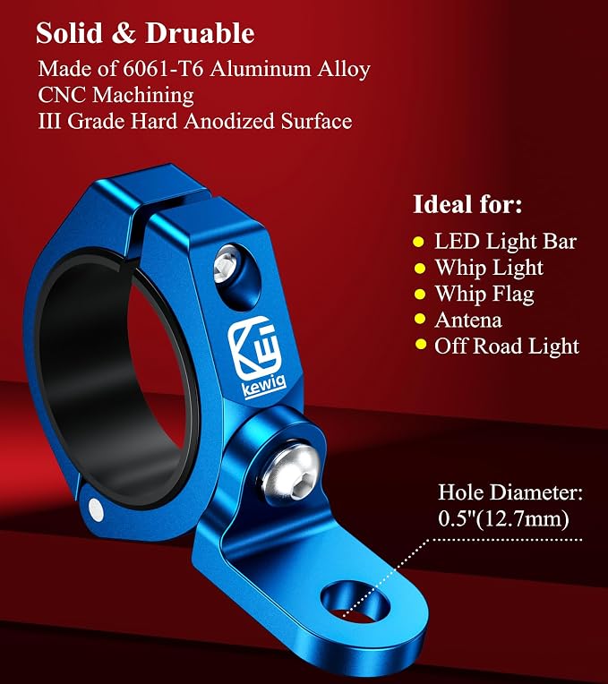 BRCOVAN 2PCS UTV Whip Light Mounts, LED Light Bar Mounting Bracket, Blue | Solid Aluminum Alloy Materials, 360° Adjustable Off-Road Whip Flag Mount Fit 1.5''/1.65'' /1.75''/1.85''/2'' Roll Cage Bars