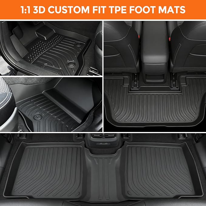 Floor Mats for Ford Explorer 2015-2019 7-Seat Bench & 6-Seat Bucket | Custom Fit Heavy Duty TPE All Weather Protection, Waterproof Non-Slip Black Liners for Front & Rear (Three-Row Floor Mats)