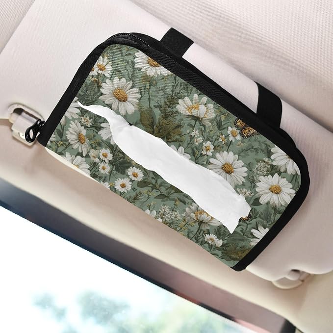 Car Visor Tissue Holder Mask Holder for Car, Car Tissue Box Sun Visor Napkin Holder Car Visor Accessories Adjustable Straps Reusable Durable Easy to Install Summer Daisy Butterfly Green