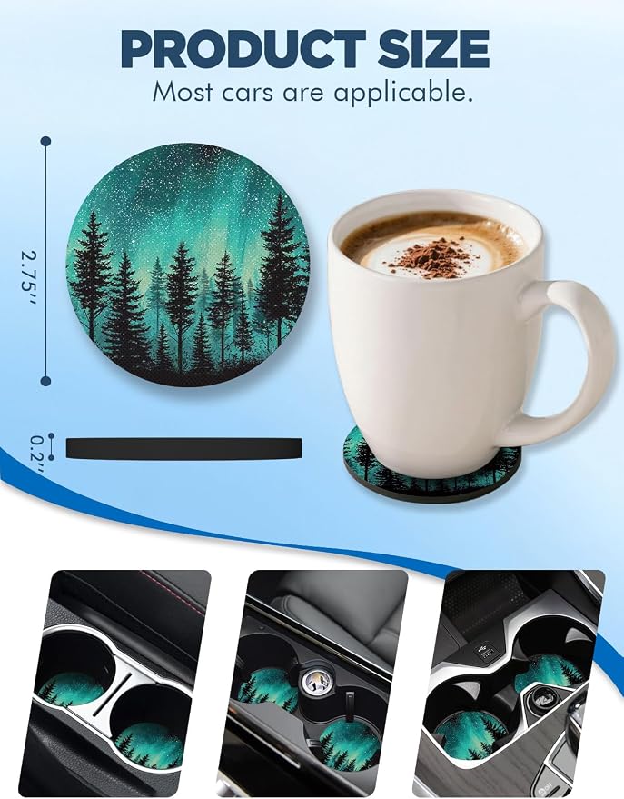 WOCOCN Car Coasters for Cup Holders - 2 Pack 2.75" Universal Rubber Car Cup Coaster, Non-Slip Waterproof Car Interior Accessories, Cute Car Decor Gifts for Women and Men (Forest)