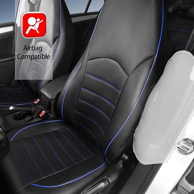 TOYOUN Classic Universal PU Leather Car Front Seat Covers High Back Bucket Seat Cover - Fit Most Cars, Trucks, SUVS, or Vans 2 PCS Blue Trim Auto Seat Covers Set Car Seat Protector for All Seasons