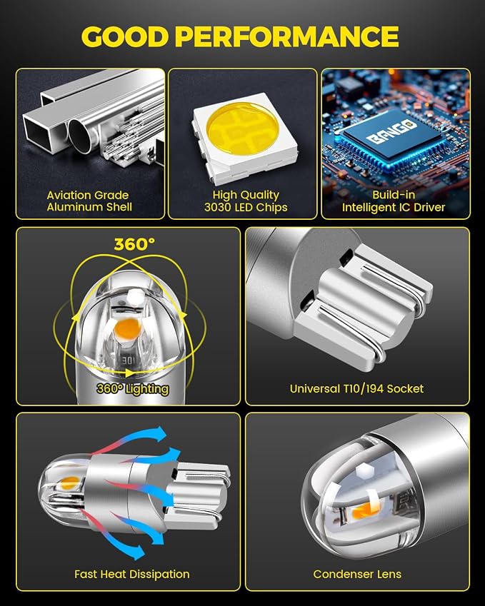 BANGO 194 LED Bulb, Super Bright 168 T10 2825 W5W LED Replacement Bulbs for Car Interior Dome Map Door Courtesy Trunk Side Marker License Plate Lights, Amber Yellow (Pack of 10)