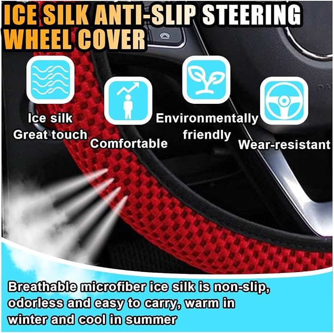 Stretch Elastic Steering Wheel Cover, All-Season Comfort, Warm in Winter & Cool in Summer, Universal 15 Inch Microfiber Breathable Ice Silk, Anti-Slip, Odorless, Easy Carry, Fit Car, SUV (Red)