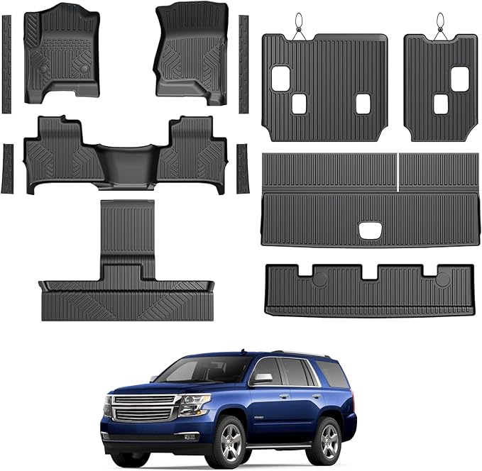 Floor Mats for Chevy Tahoe/GMC Yukon 2015-2020, All Weather Floor Mats Trunk Cargo Liner with Backrest Protectors and Door Sill Guards Accessories, Full Coverage Set (Fit 7 Seats)