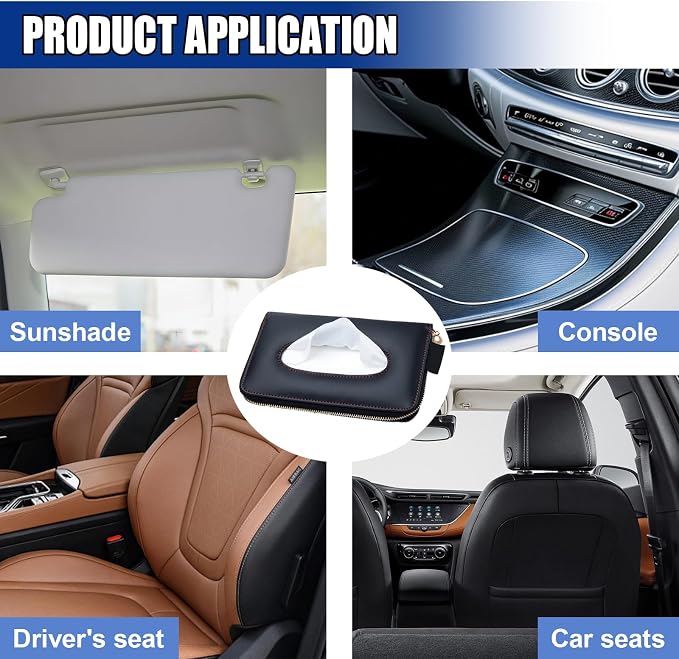 Car Tissue Holder, Leather Car Sun Visor Napkin Box with Tissue Refill, Auto Backseat Paper Carton Mask Dispenser with Zipper, Universal Hanging Vehicle Towel Clip for RV, SUV, Truck (Black)